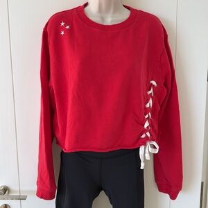 Red 100% Cotton Soulcycle Cropped Lace Up Detail Long Sleeve Sweatshirt S